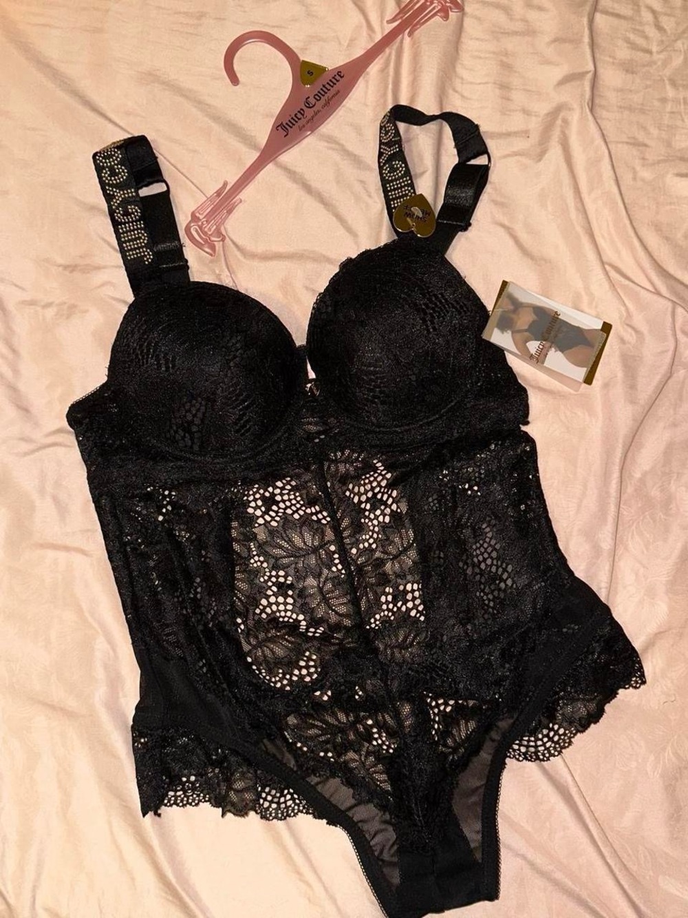 Juicy Couture black lace bodysuit with gold studs, Size Small.